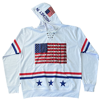 White hoodie with store flags on sleeves